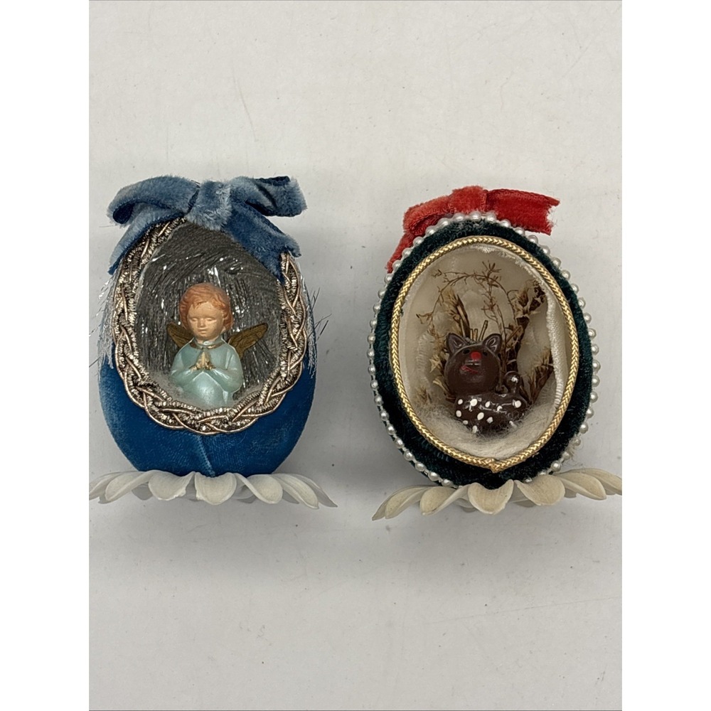 2- Vintage Egg Diorama Angel Praying,  Rudolph Pedestal Decoration MCM Christmas